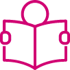 Icon of a figure reading a book in pink colour.