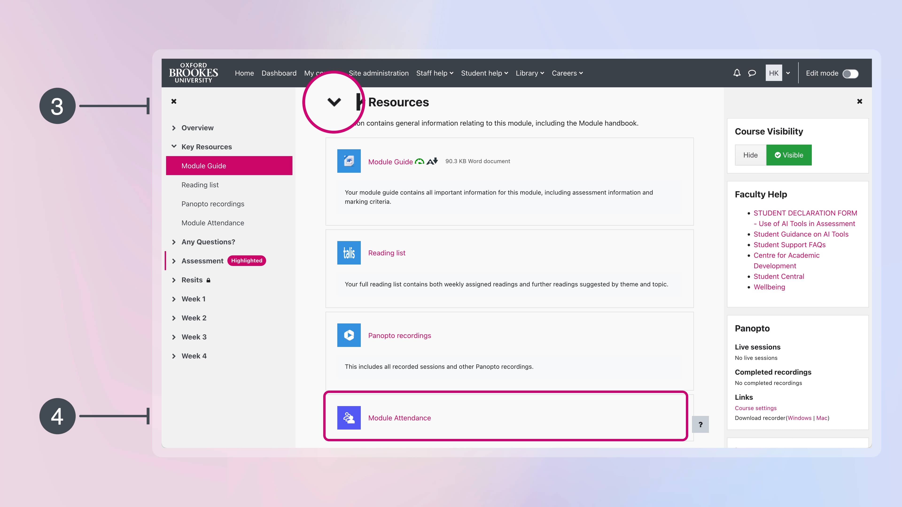 Moodle module with the Key Resources section expanded, the number 3 next to it and number 4 next to the Module Attendance activity.