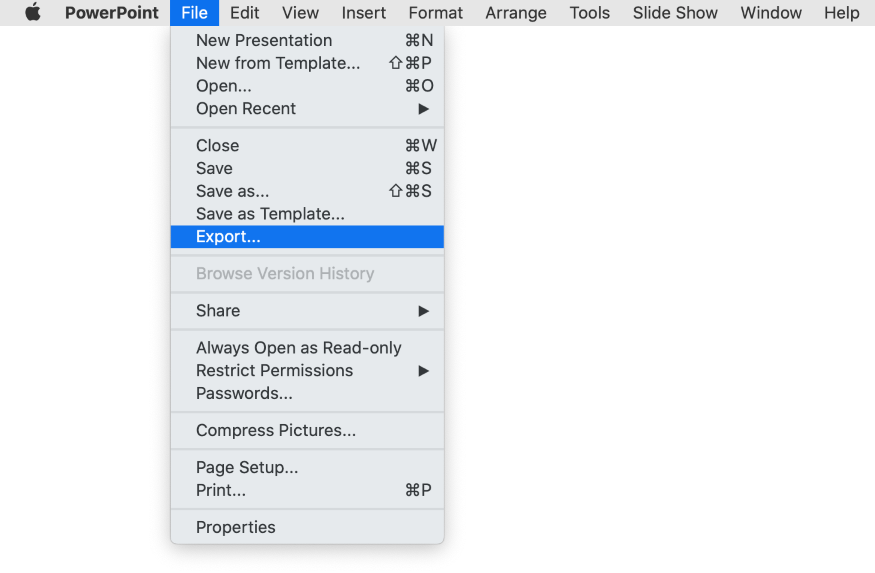 Screenshot from PowerPoint for Mac interface that shows how to click File from the menu bar and then Export highlighted with blue.