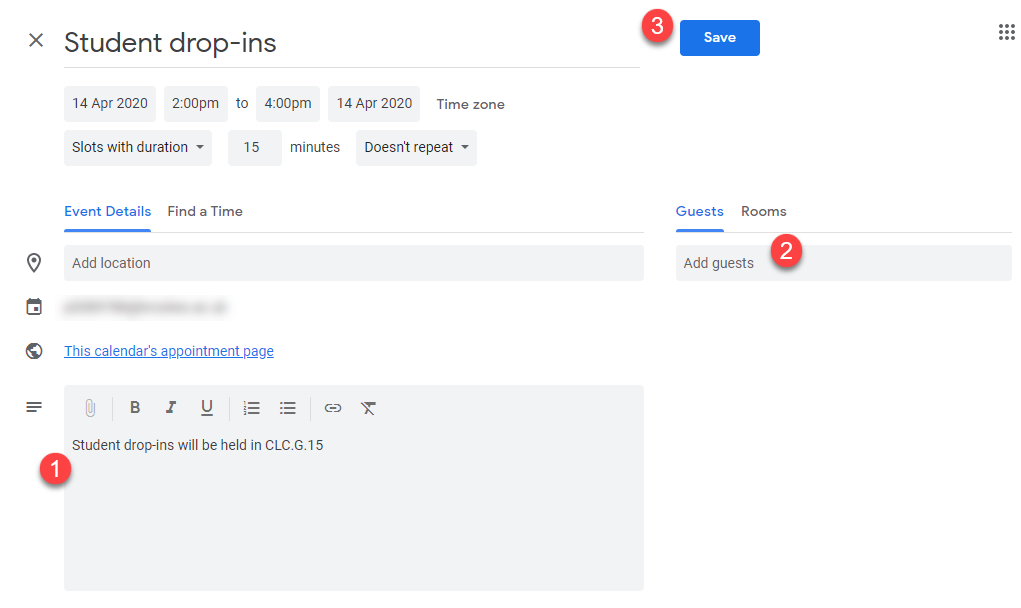 Screenshot of the expanded configuration options when adding/editing an event in Google Calendar.