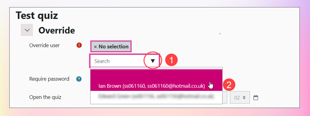 Screenshot showing how to select a user for a specific User override in a Moodle quiz.