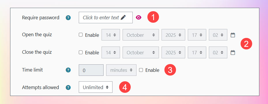 Screenshot showing the elements for which overrides can be defined when adding a User or Group override in a Moodle Quiz.