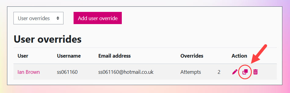 Screenshot of the main User overrides page for a Moodle Quiz/Assignment. The 'duplicate' icon is highlighted.