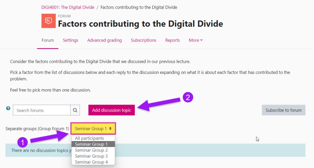 Screenshot of the main activity page of a Forum. Highlighted is the Separate groups drop-down list showing a list of existing groups.