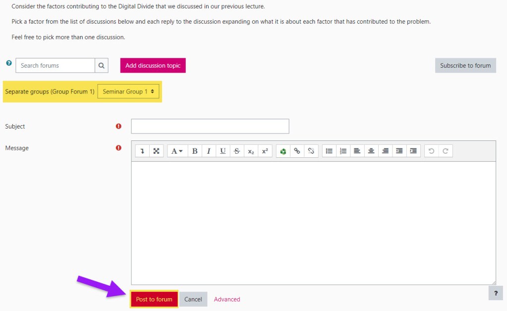 Screenshot showing details of new discussion to be posted. 'Seminar group 1' is highlighted to show the group selected for this particular discussion. An arrow points to the 'Post to forum' button to indicate the next step.