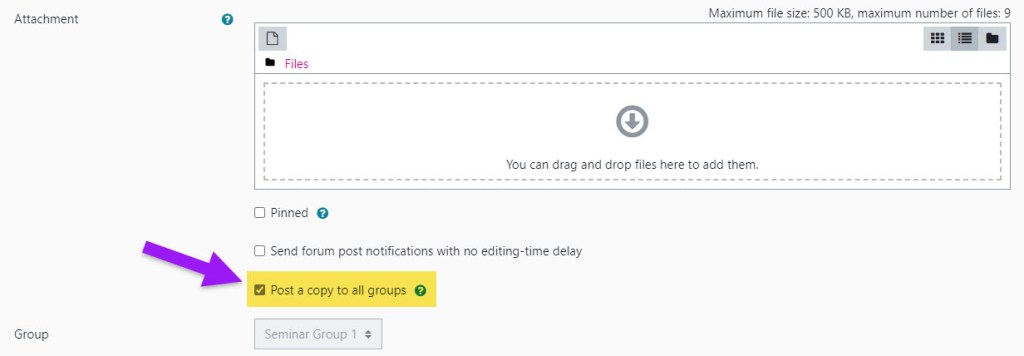 Screenshot showing the advanced settings. The 'Post a copy to all groups' field is highlighted (and checked) to indicate the next step.