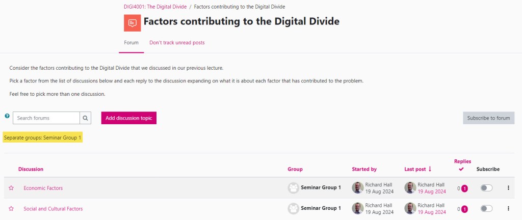 Screenshot showing the student view of a forum page which has been configured for Separate groups. The only discussion listed is that for the group to which the student belongs.