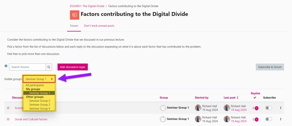Screenshot of the student view of the main Forum page with the forum configured as Visible groups. The 'Visible groups' drop-down list shows all the groups listed, demonstrating that the student can now view the discussions for other groups too. 