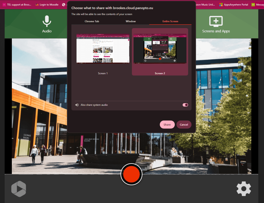 Screenshot of the Capture settings screen with Your Entire Screen, one of the main screens and Share Audio highligted. The location of the Share button is also highlighted.