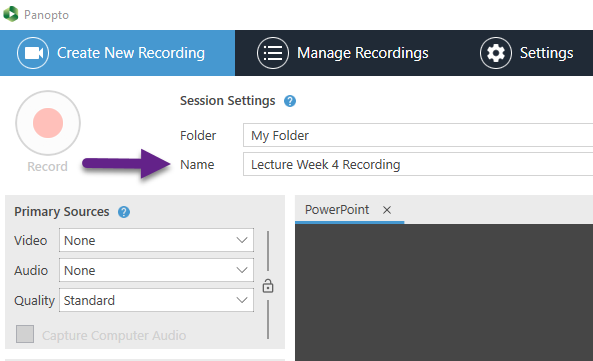 Screenshot of the top of the desktop recorder screen with the name of the file highlighted with an arrow.