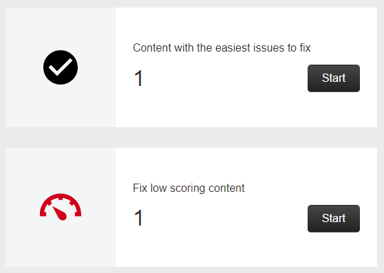 Close-up view of the two options to filter the results of the report, including Content with the easiest issues to fix and a Start button below it and Fix low scoring content with a Start button below it.