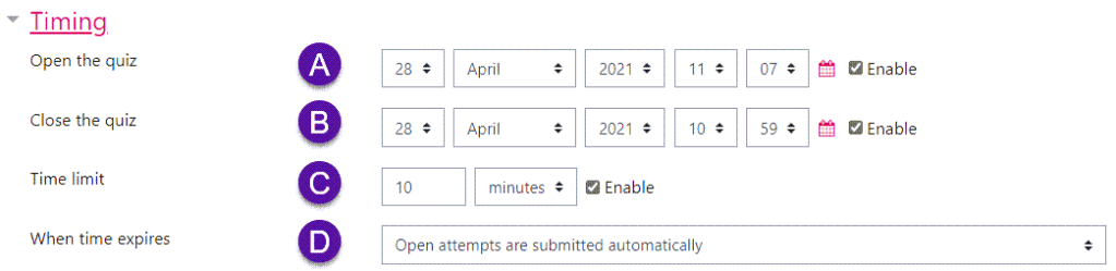 Moodle screenshot of the Timing settings section within the Moodle Quiz settings.