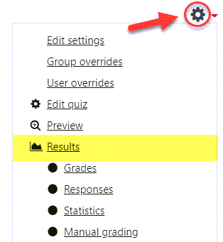 Moodle screenshot showing how to access the Quiz results page.
