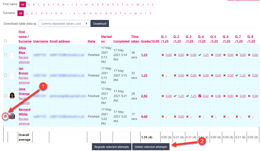 Moodle screenshot showing how to delete a specific Quiz attempt.