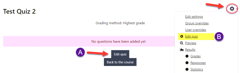 Moodle screenshot showing how to access the quiz building page.