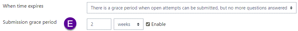 Screenshot of the two settings related to managing submission grace periods within the Moodle quiz settings page.