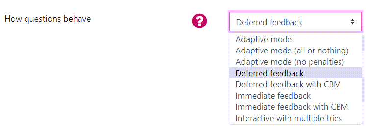 Screenshot of the 'How questions behave' setting and the options available within the drop-down list.