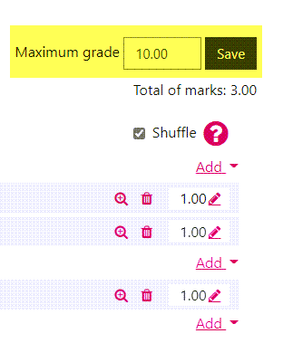 Moodle screenshot of the quiz building page, highlighting the 'Maximum grade' field.