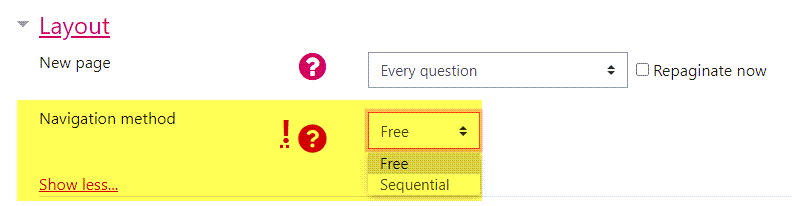 Moodle screenshot of the Quiz settings page showing 'Navigation method'