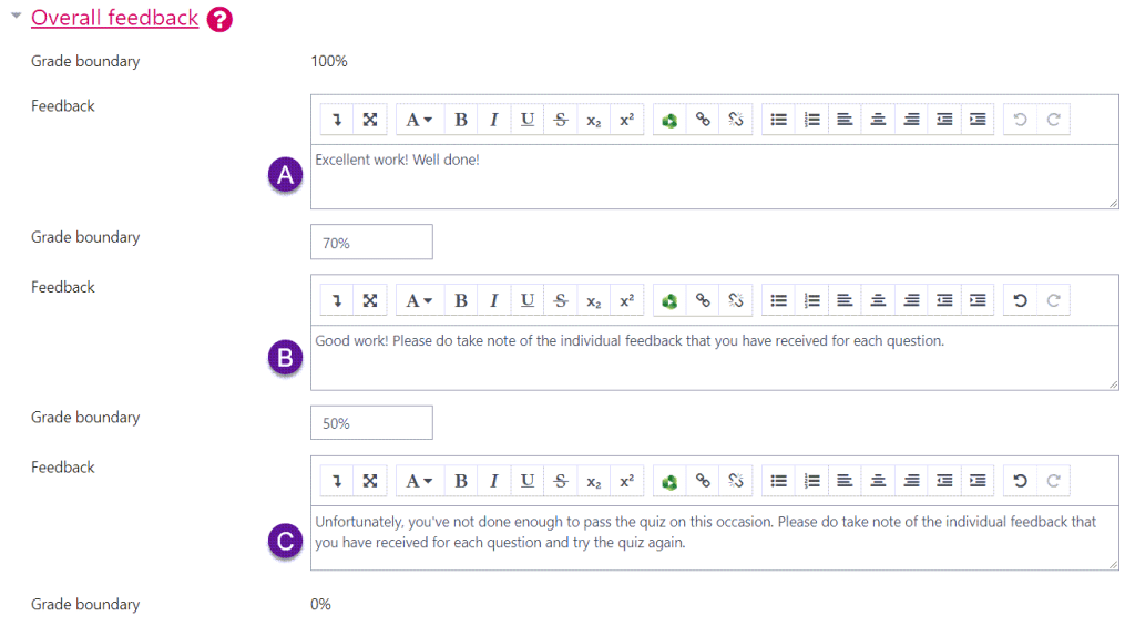 Screenshot of different grade boundaries and corresponding feedback for the 'Overall feedback' setting.