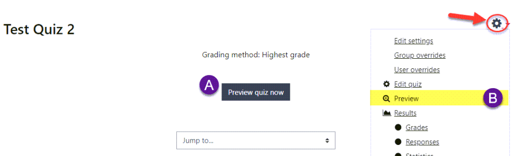 Moodle screenshot  showing the Preview options for a Quiz activity