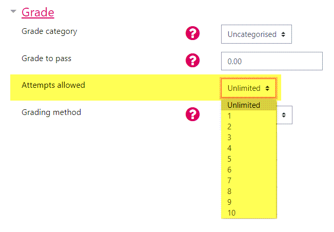 Moodle screenshot showing the Attempts allowed setting for a Moodle quiz.