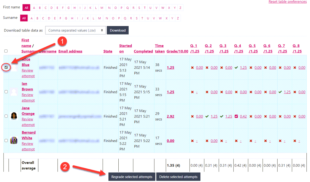 Moodle screenshot showing how to regrade a specific attempt.