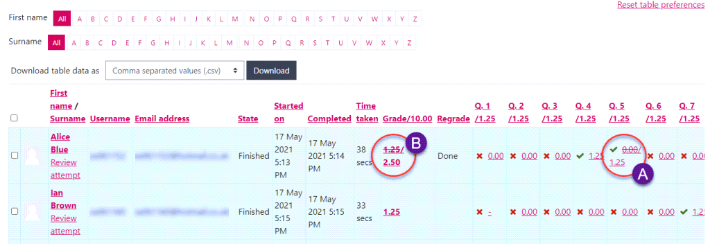 Moodle screenshot showing the updated results page after an automatic regrade has been applied.
