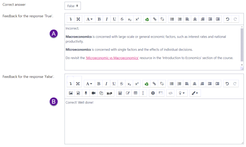 Screenshot showing the feedback options for a true/false question type.