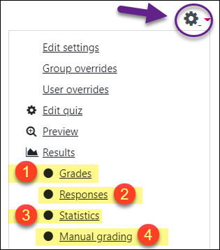 Moodle screenshot of the menu behind the 'gear'/settings icon on the Quiz page.