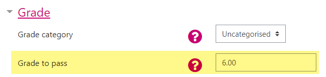 Moodle screenshot highlighting the 'Grade to pass' field in the Quiz settings.