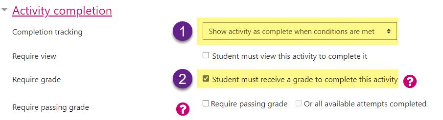 Moodle screenshot showing Activity completion for a Quiz activity. The configuration is set to mark as complete when a grade has submitted an attempt.