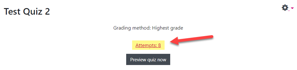 Moodle screenshot of the main Quiz activity page, highlighting the option to access the Quiz Grades report.