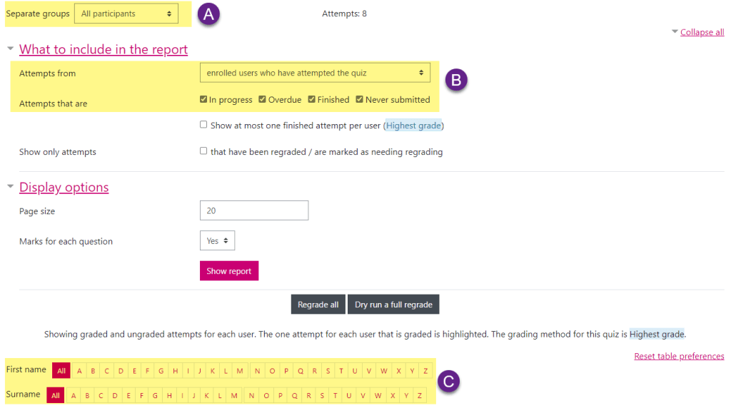 Moodle screenshot highlighting the filter options available on the Quiz Grades report.