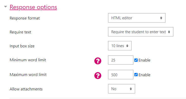 Screenshot of Quiz essay question response options section showing settings including Minimum word limit with enable ticked and Maximum word limit with enable ticked.