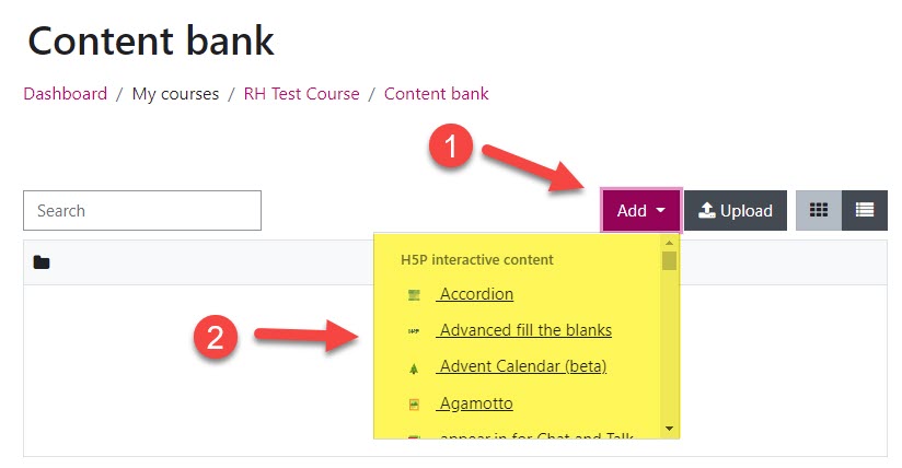 Moodle screenshot of selecting a new content type to add in the Content Bank.