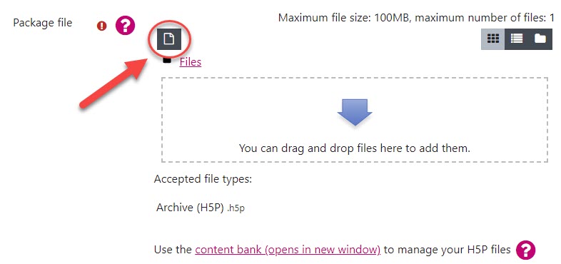 Moodle screenshot showing the settings page for a new H5P activity. Highlighted is the File icon which, on clicking will navigate to the File picker.