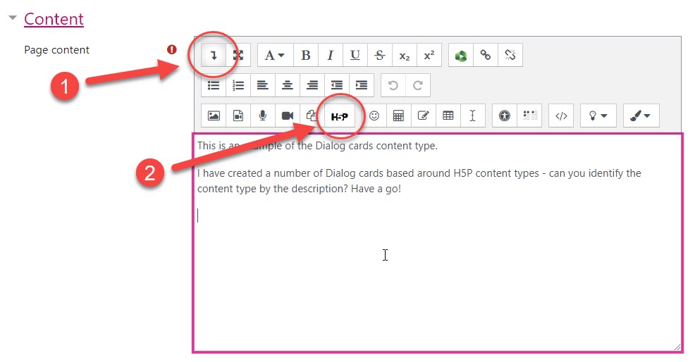 Moodle screenshot of the Atto editor. The 'show/hide advanced buttons' button is highlighted as is the 'Insert H5P' button.