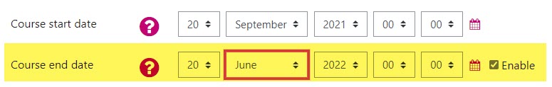 Moodle screenshot of the Course start and end dates in the Course settings. The course end-date is highlighted.