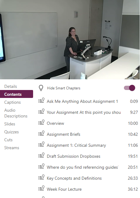 Screenshot of Contents section of a Panopto recording showing Smart Chapters