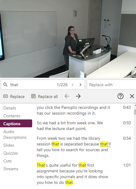 Screenshot of find and replace options in the Caption editor menu of a Panopto recording