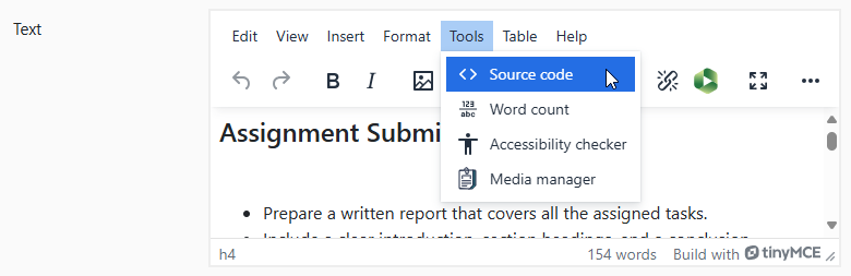 Moodle screenshot of the TinyMCE editor. 'Source code' option revealed by clicking on the Tools menu item in the editor.