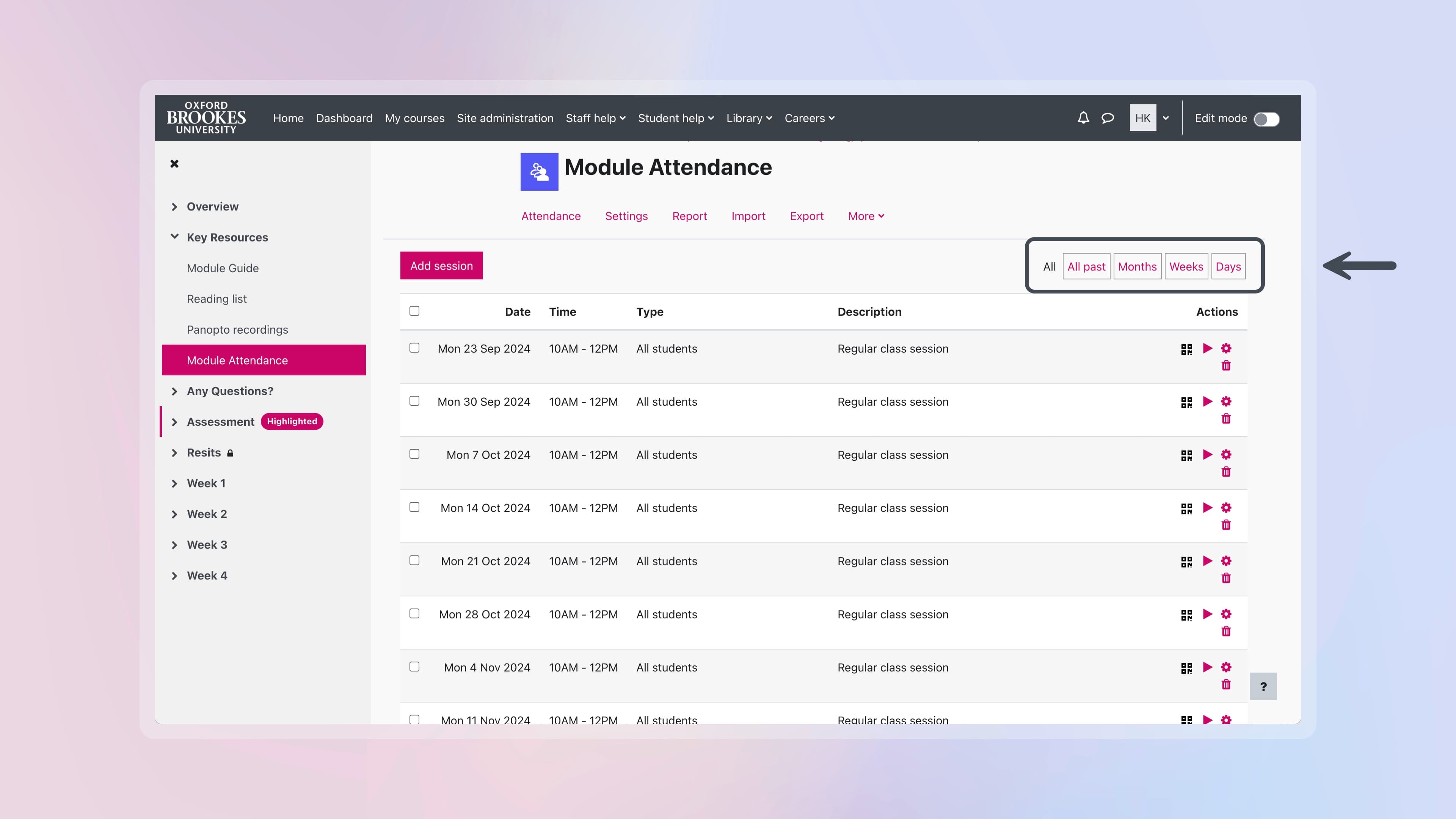 View of Moodle Attendance screen highlighting filtering options: All, All past, Months, Weeks, Days with a rectangle and arrow.