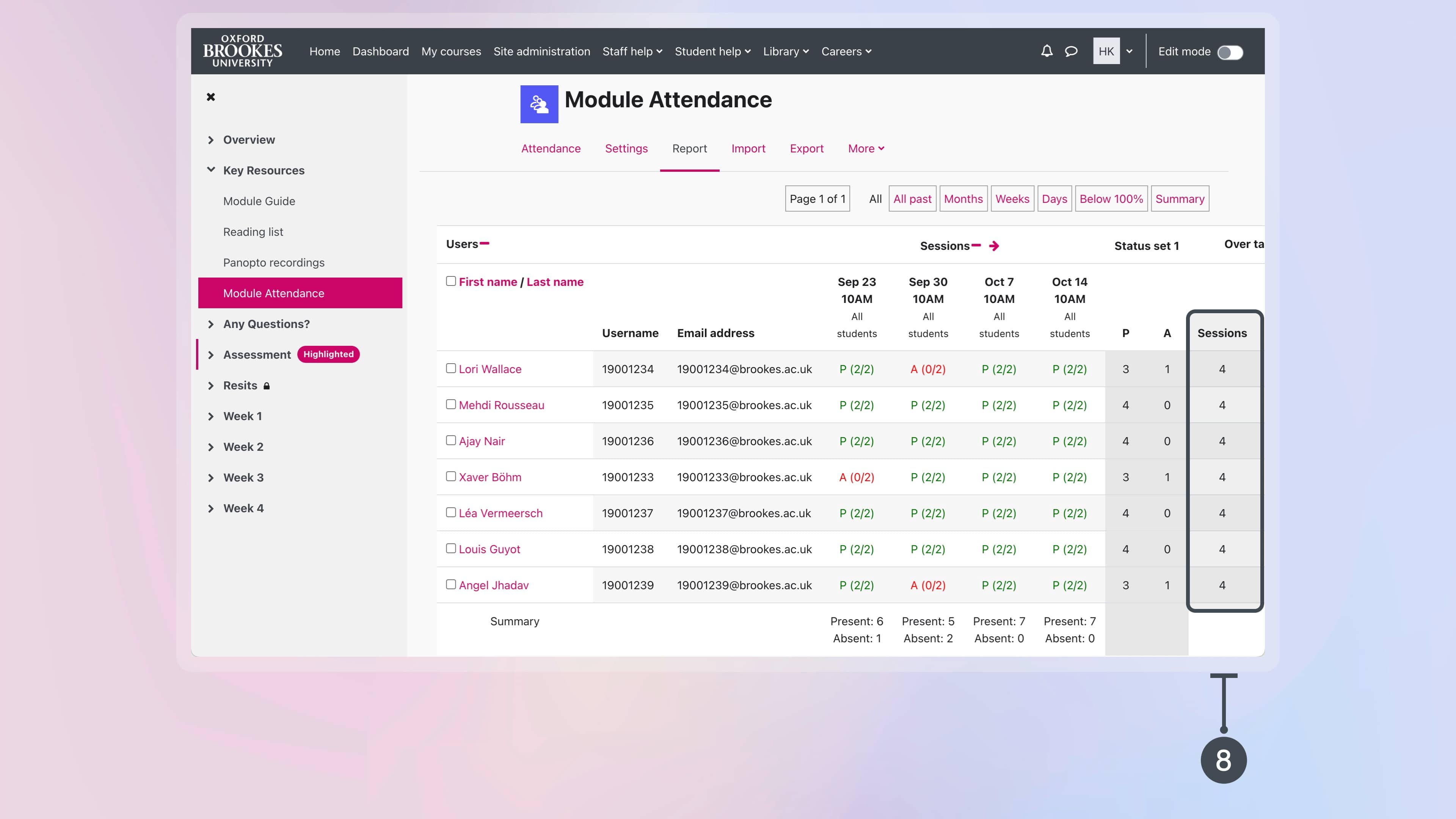 Screenshot of the Report screen in Module Attendance activity. One column highlighted with charcoal and number 8. 