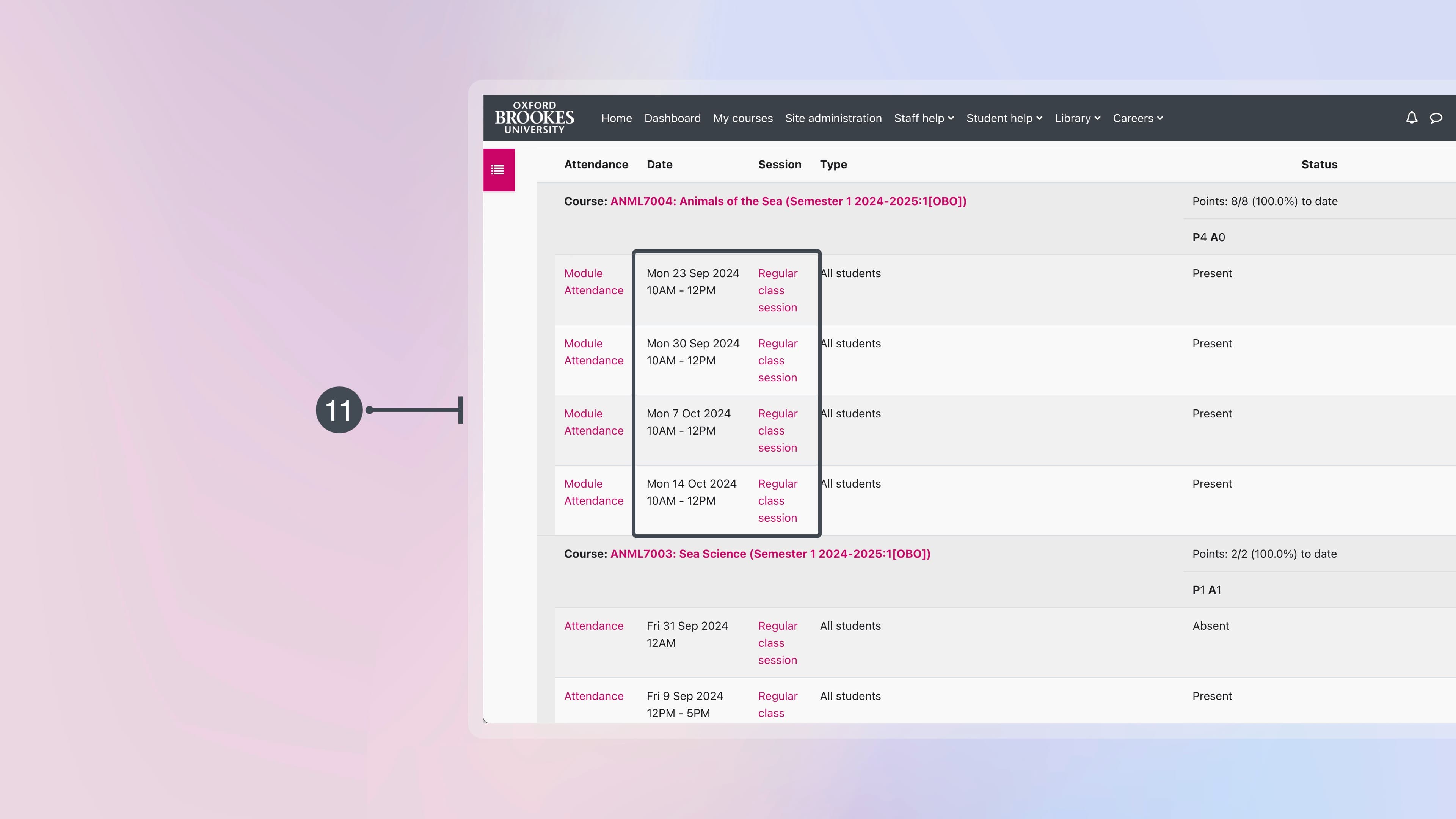Screenshot of the Module Attendance activity with different session highlighted with number 11.