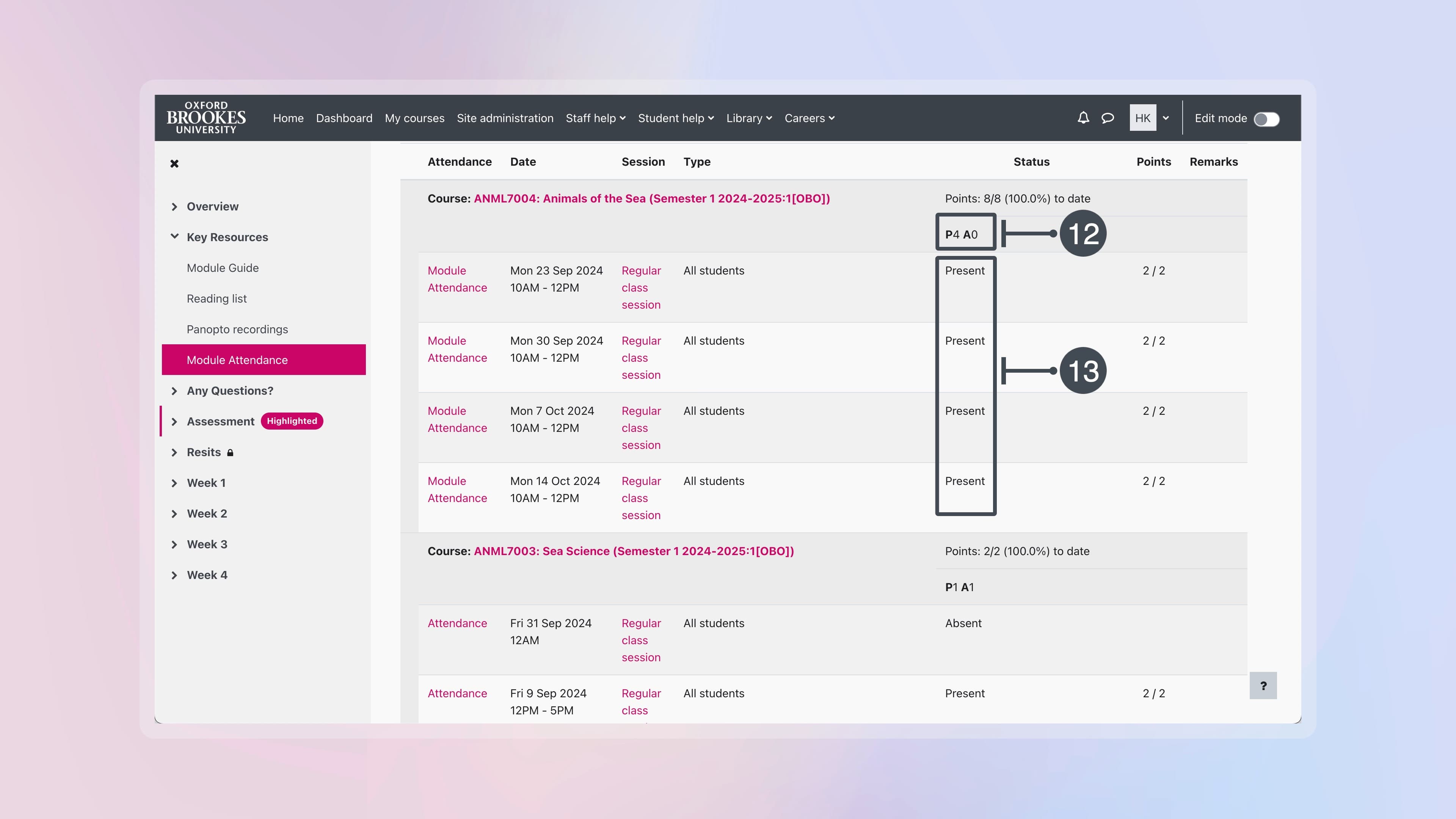 Screenshot of the Module Attendance activity with the words P4 A0 highlighted with number 12 and the words Present highlighted with number 13.
