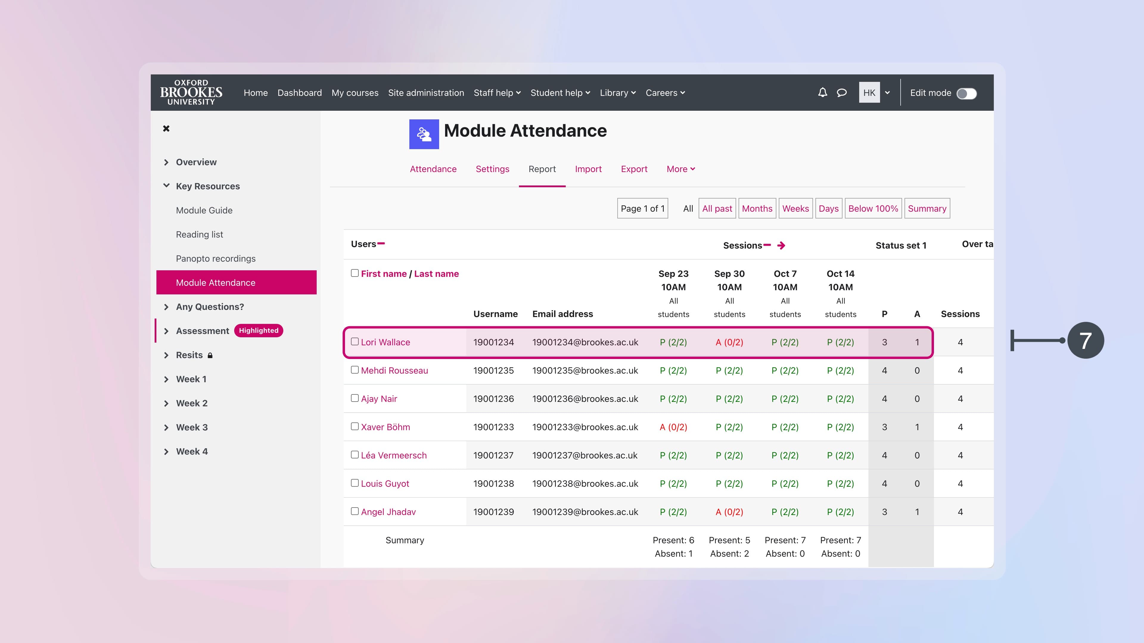 Screenshot of the Report screen in Module Attendance activity. One columns highlighted with pink and number 7. 