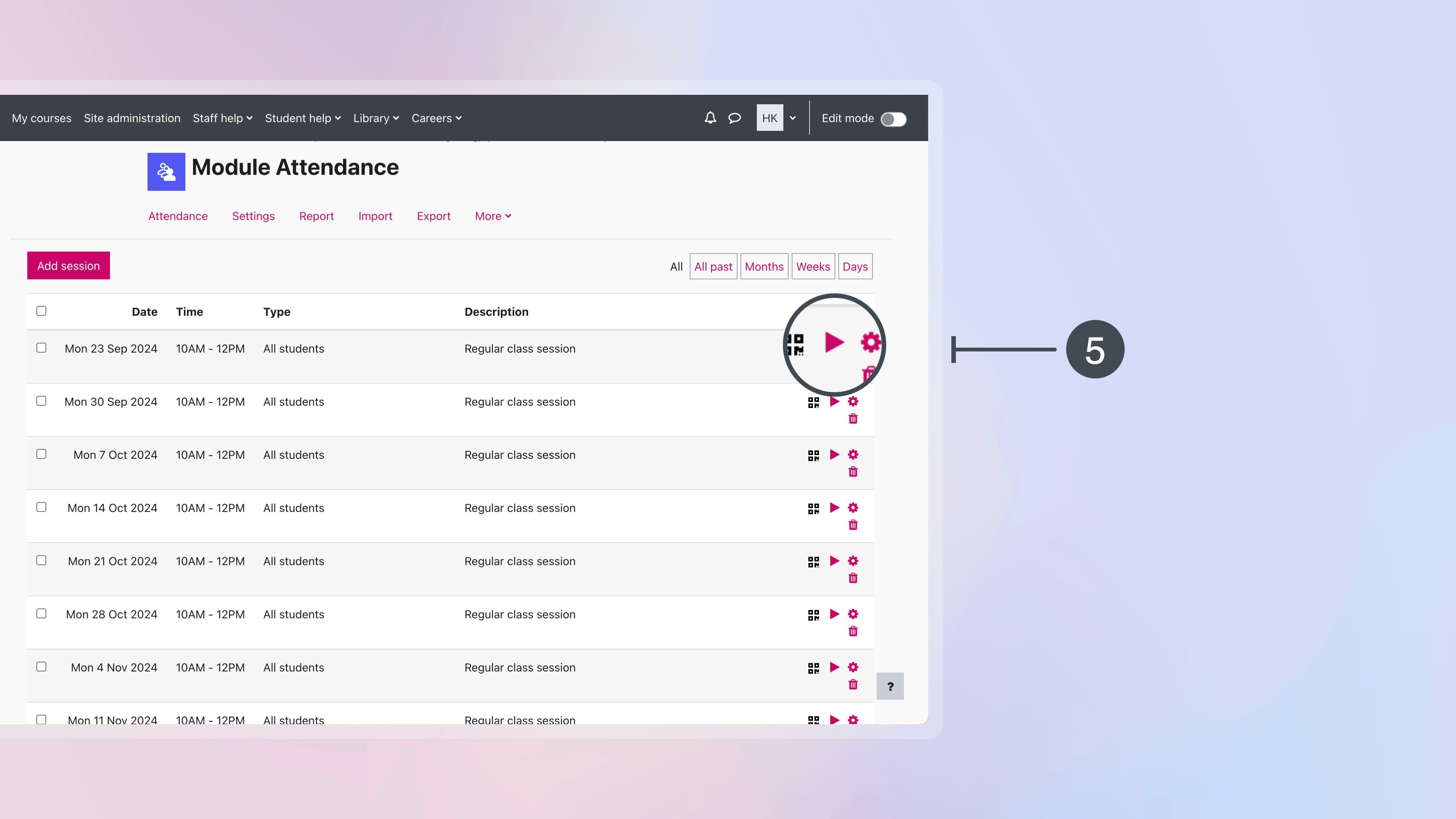 View of Moodle Attendance screen highlighting the Take Attendance pink icon with the number 5 next to it.