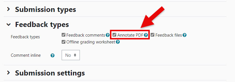 Moodle screenshot of the Moodle Assignments settings page. The 'Annotate PDF' checkbox is highlighted in the 'Feedback types' section.