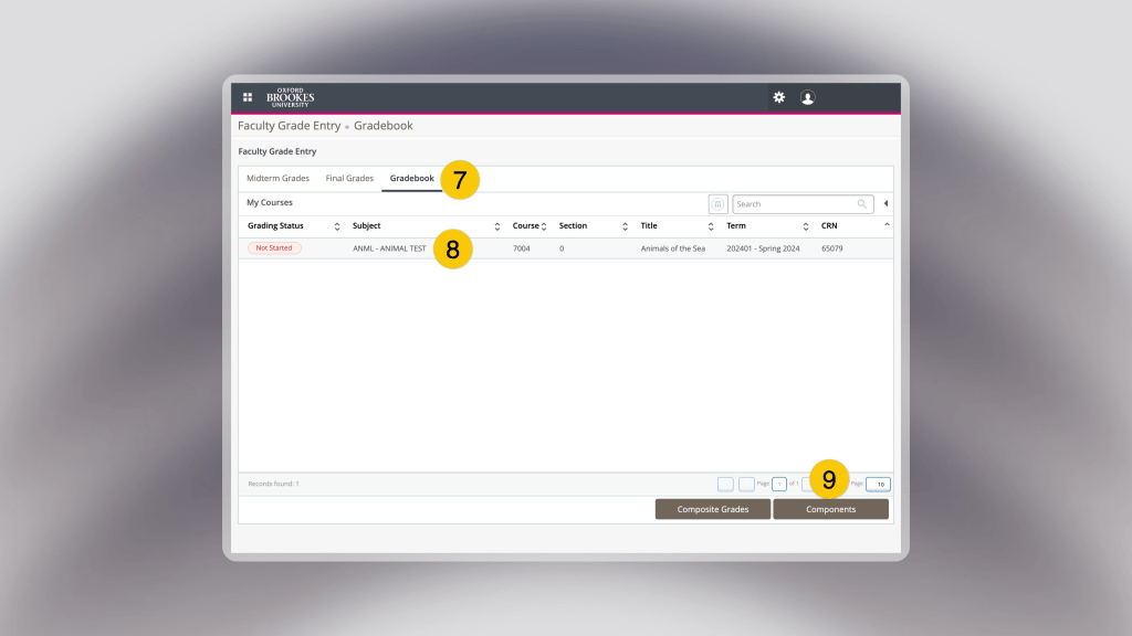 Banner screenshot with the word 'Gradebook' highlighted with number 7, the subject title highlighted with number 8 and the 'Components' button with number 9.